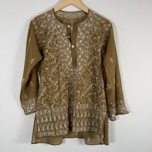 BOHO Semi Sheer Beaded Embroidered Print Pattern Sequin Popover Shirt Top Blouse